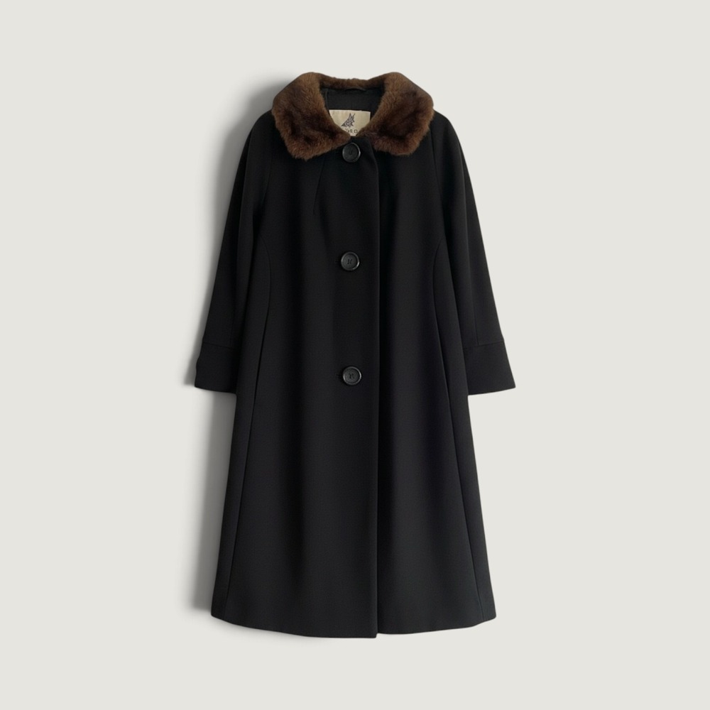 Rothmoor Vintage Black Wool Blend A-Line Coat Faux Fur Collar Scottie Dog Charm